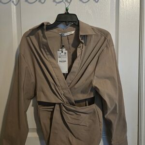 Zara Beige Long Sleeve Wrap Dress